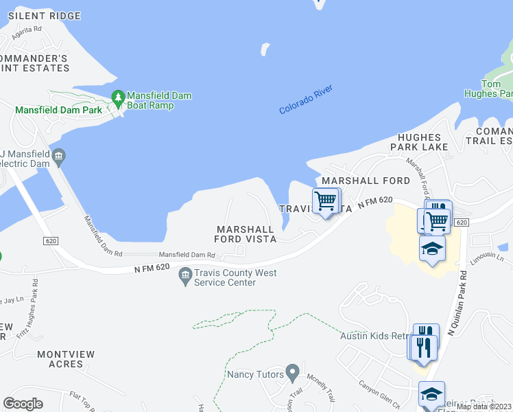 map of restaurants, bars, coffee shops, grocery stores, and more near 13301 Mansfield Drive in Austin