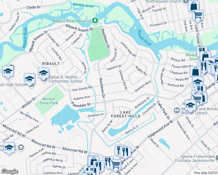 map of restaurants, bars, coffee shops, grocery stores, and more near 2540 Aubrey Avenue in Jacksonville