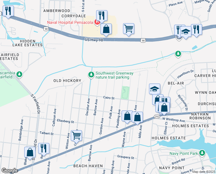 map of restaurants, bars, coffee shops, grocery stores, and more near 1111 Polk Avenue in Pensacola