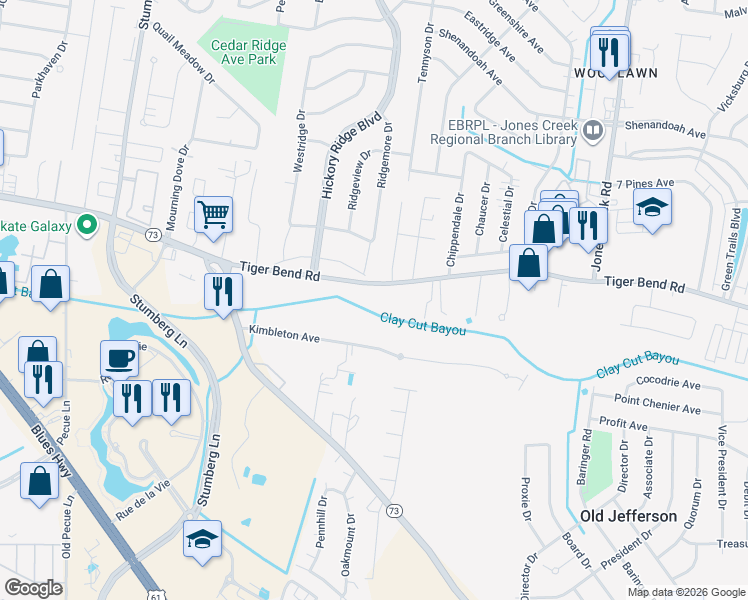 map of restaurants, bars, coffee shops, grocery stores, and more near 13735 Kimbleton Avenue in Baton Rouge
