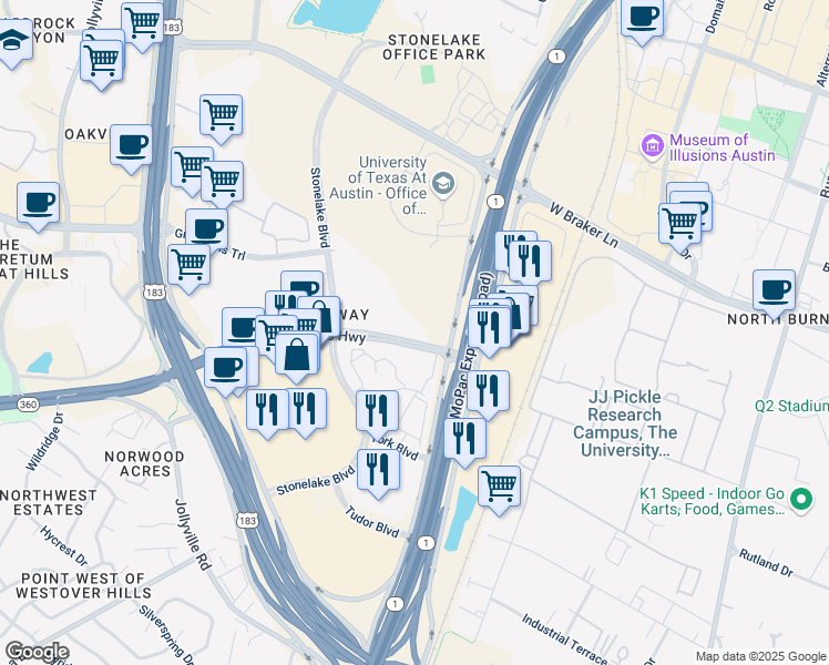 map of restaurants, bars, coffee shops, grocery stores, and more near 10001 North Capital of Texas Highway in Austin