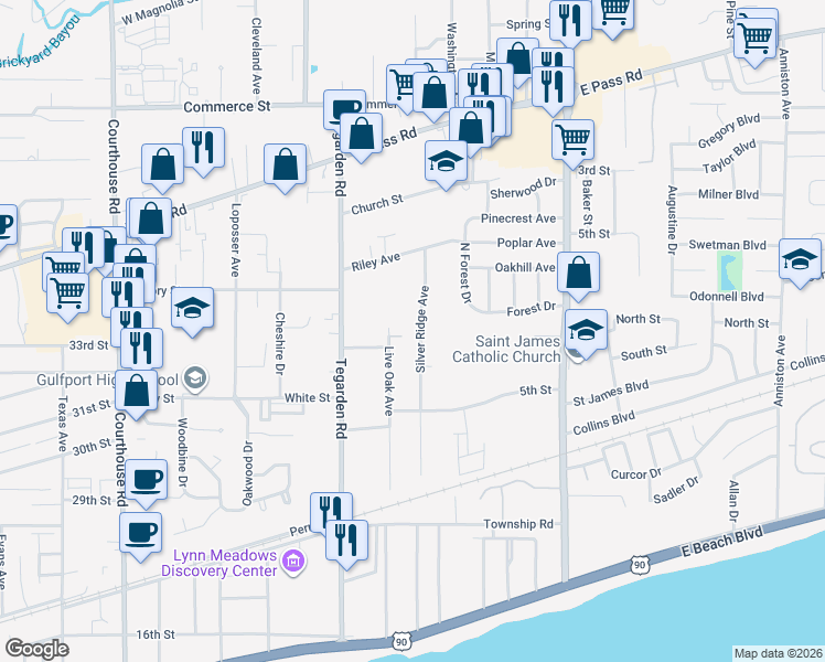 map of restaurants, bars, coffee shops, grocery stores, and more near 438-442 Silver Ridge Avenue in Gulfport
