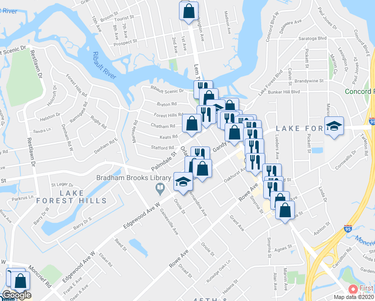 map of restaurants, bars, coffee shops, grocery stores, and more near 7951 Orlando Avenue in Jacksonville