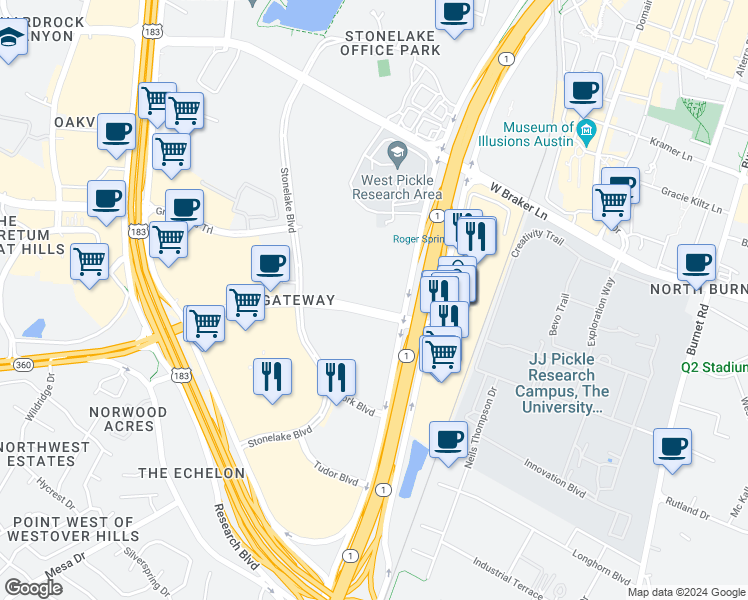 map of restaurants, bars, coffee shops, grocery stores, and more near in Austin