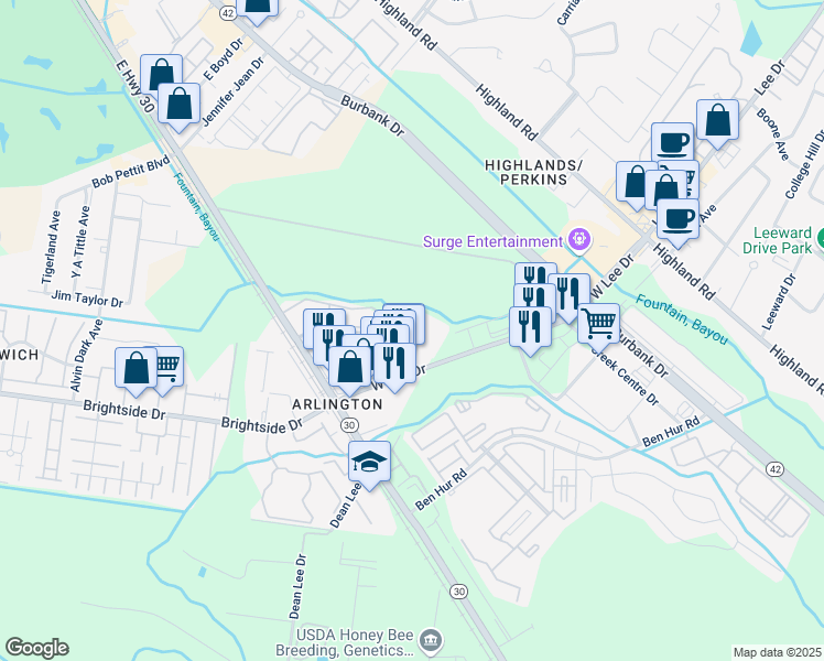 map of restaurants, bars, coffee shops, grocery stores, and more near 5159 Etta Street in Baton Rouge
