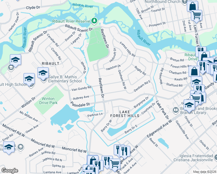 map of restaurants, bars, coffee shops, grocery stores, and more near 2540 Aubrey Avenue in Jacksonville