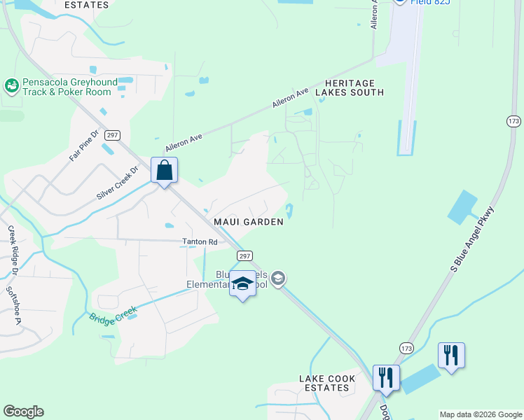 map of restaurants, bars, coffee shops, grocery stores, and more near 10349 Wailuku Drive in Pensacola