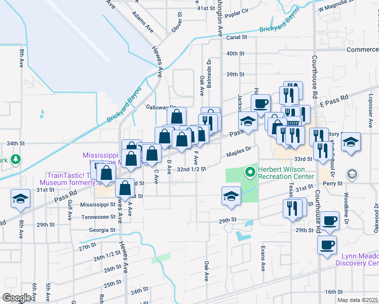 map of restaurants, bars, coffee shops, grocery stores, and more near 311 Pass Road in Gulfport