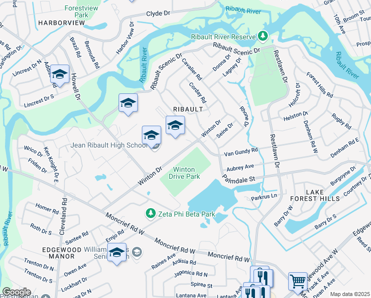 map of restaurants, bars, coffee shops, grocery stores, and more near 3501 Winton Drive in Jacksonville
