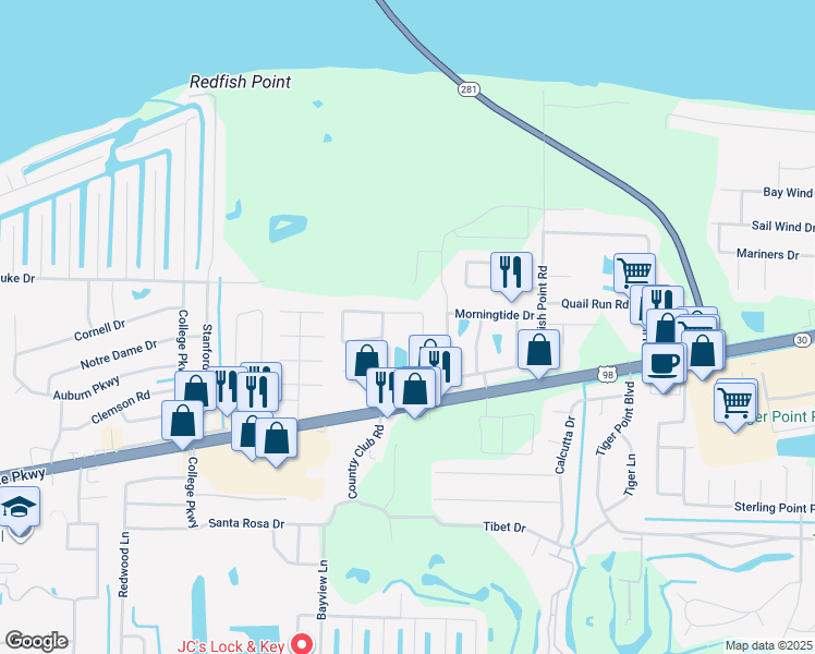 map of restaurants, bars, coffee shops, grocery stores, and more near 3360 La Leyenda Court in Gulf Breeze