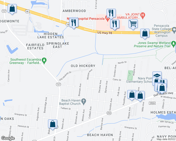 map of restaurants, bars, coffee shops, grocery stores, and more near 7649 Old Hickory Drive in Pensacola