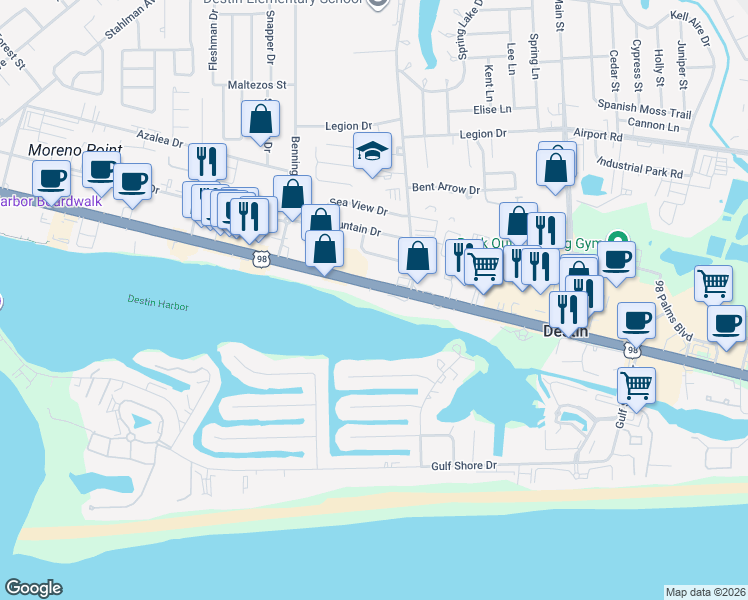 map of restaurants, bars, coffee shops, grocery stores, and more near 654 Harbor Boulevard in Destin