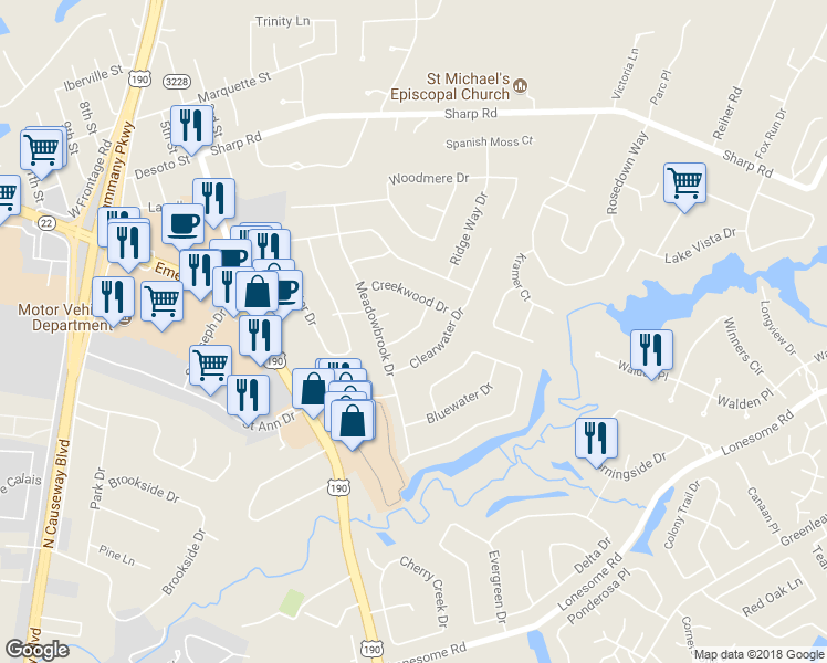 map of restaurants, bars, coffee shops, grocery stores, and more near 1217 Glendale Drive in Mandeville