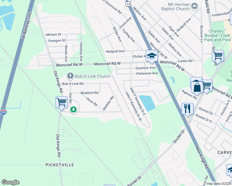 map of restaurants, bars, coffee shops, grocery stores, and more near 7628 John F Kennedy Drive West in Jacksonville