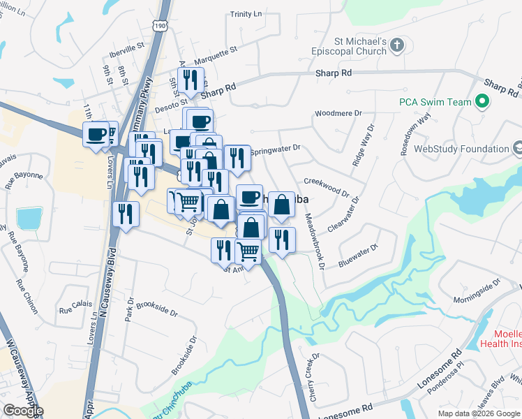 map of restaurants, bars, coffee shops, grocery stores, and more near 1170 Springwater Drive in Mandeville