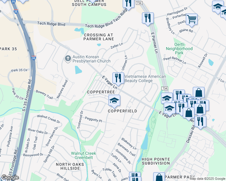 map of restaurants, bars, coffee shops, grocery stores, and more near 1006 1/2 East Yager Lane in Austin