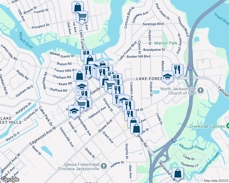 map of restaurants, bars, coffee shops, grocery stores, and more near 7753 Lem Turner Road in Jacksonville