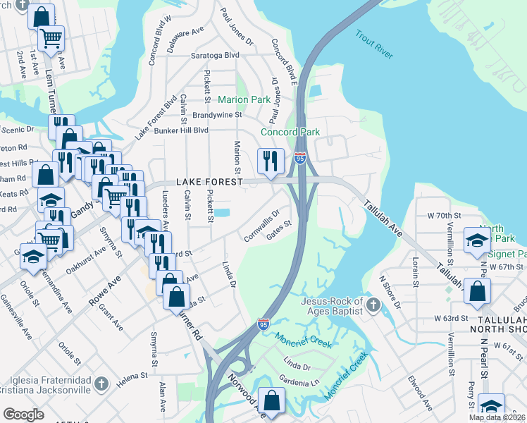 map of restaurants, bars, coffee shops, grocery stores, and more near 901 Kennard Street in Jacksonville