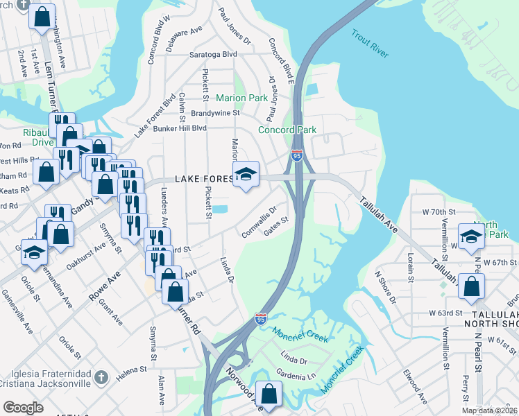 map of restaurants, bars, coffee shops, grocery stores, and more near 901 Kennard Street in Jacksonville