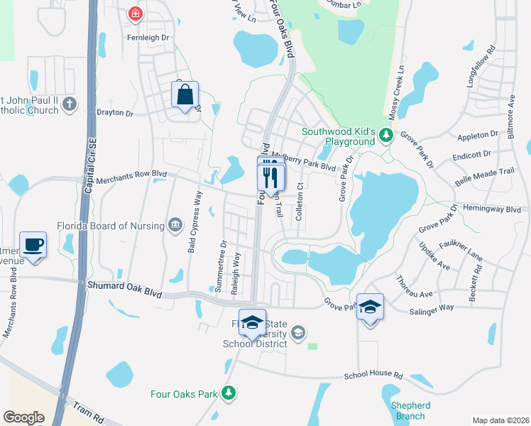 map of restaurants, bars, coffee shops, grocery stores, and more near 4046-4058 Four Oaks Boulevard in Tallahassee