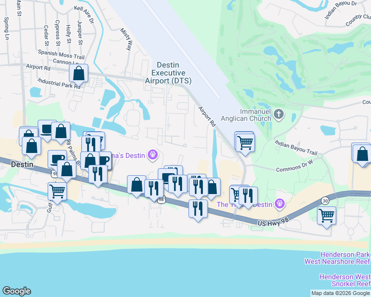 map of restaurants, bars, coffee shops, grocery stores, and more near 1217 Quailwood Drive in Destin