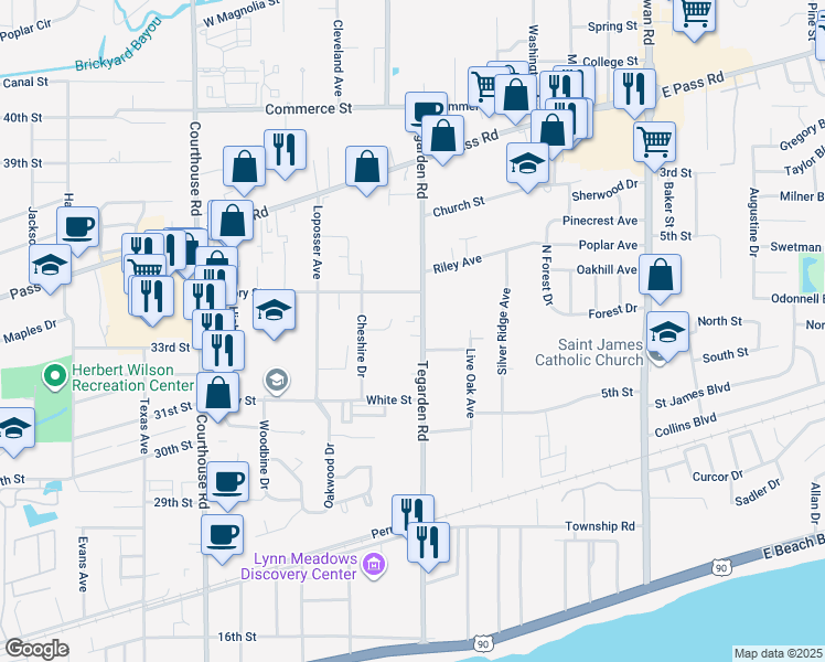 map of restaurants, bars, coffee shops, grocery stores, and more near 488 Tegarden Road in Gulfport
