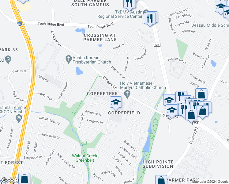 map of restaurants, bars, coffee shops, grocery stores, and more near 1006 1/2 East Yager Lane in Austin