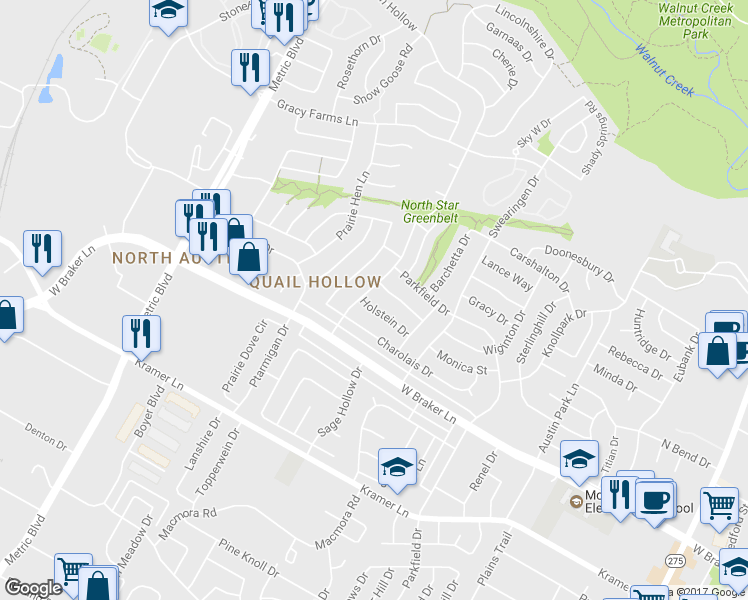 map of restaurants, bars, coffee shops, grocery stores, and more near 11510 Bittern Hollow in Austin