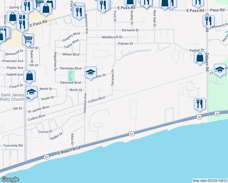 map of restaurants, bars, coffee shops, grocery stores, and more near 2402 Burke Street in Gulfport