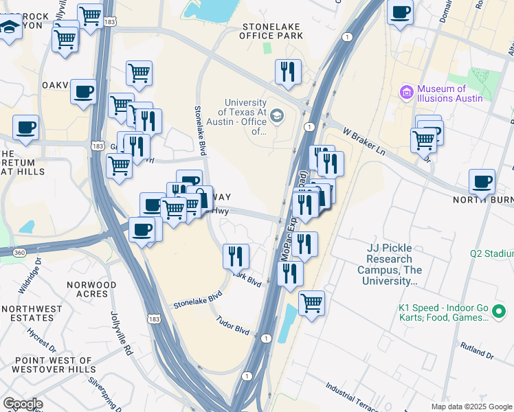 map of restaurants, bars, coffee shops, grocery stores, and more near 10100 North Capital of Texas Highway in Austin