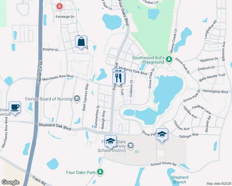 map of restaurants, bars, coffee shops, grocery stores, and more near 4046-4058 Four Oaks Boulevard in Tallahassee