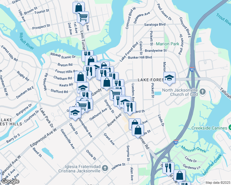 map of restaurants, bars, coffee shops, grocery stores, and more near 7753 Lem Turner Road in Jacksonville