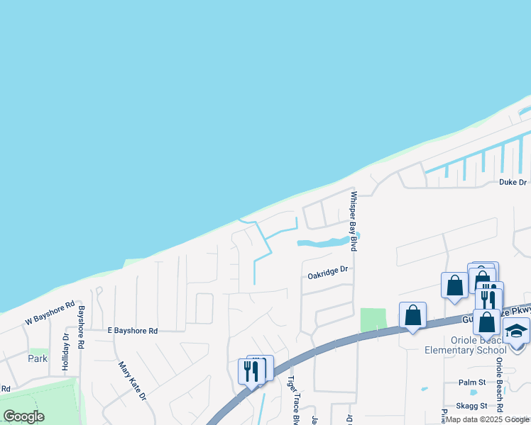 map of restaurants, bars, coffee shops, grocery stores, and more near 2734 Sunrunner Lane in Gulf Breeze