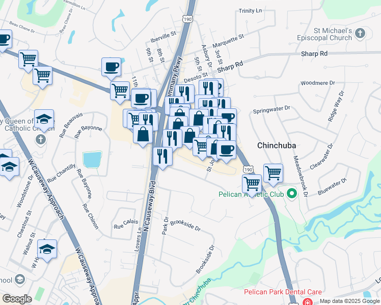 map of restaurants, bars, coffee shops, grocery stores, and more near 3450 Highway 190 in Mandeville