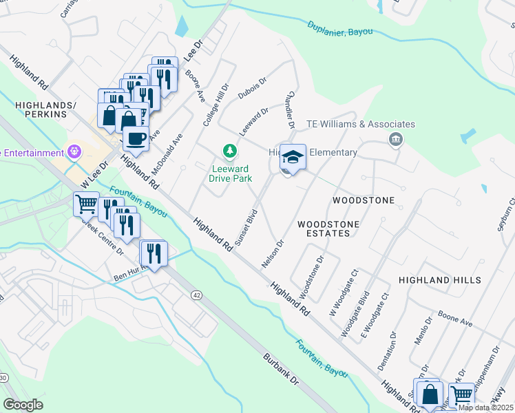 map of restaurants, bars, coffee shops, grocery stores, and more near 280 Sunset Boulevard in Baton Rouge