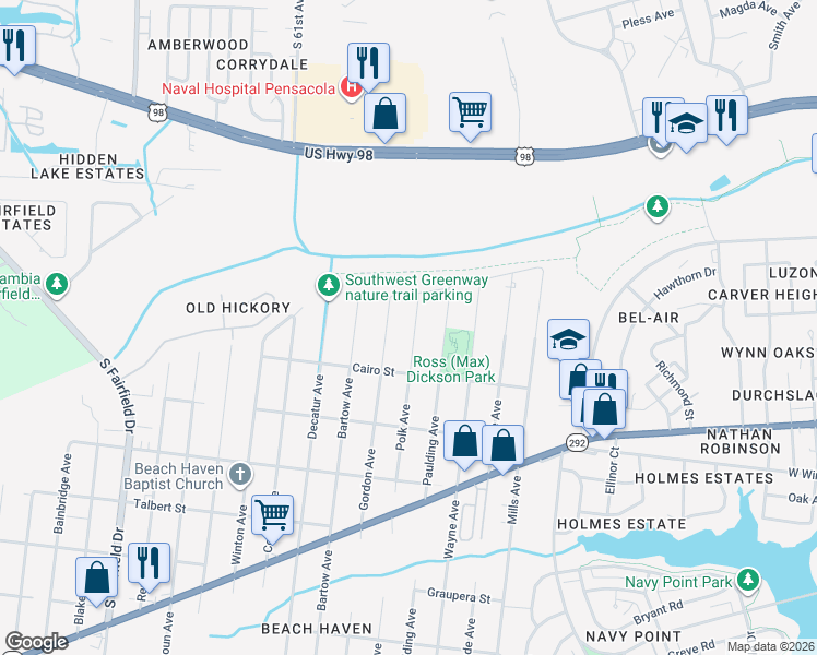 map of restaurants, bars, coffee shops, grocery stores, and more near 1117 Polk Avenue in Pensacola