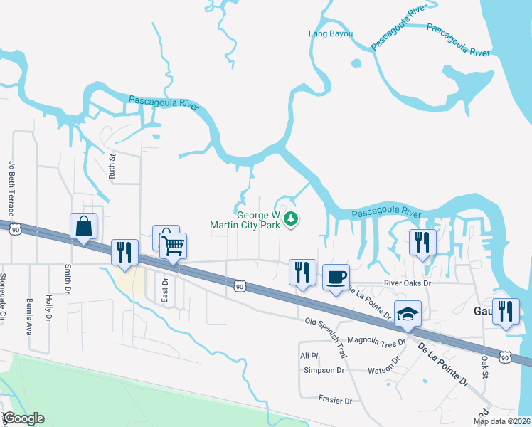 map of restaurants, bars, coffee shops, grocery stores, and more near 3505 Havill Rd in Gautier