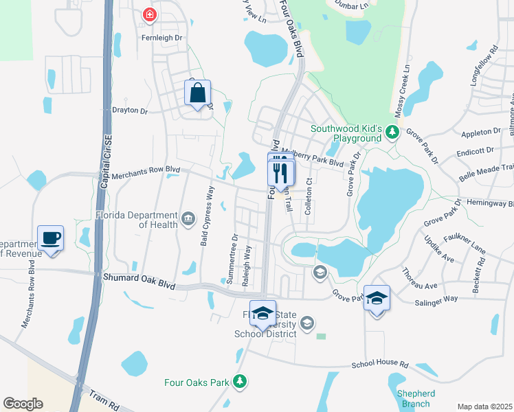 map of restaurants, bars, coffee shops, grocery stores, and more near 4046-4058 Four Oaks Boulevard in Tallahassee