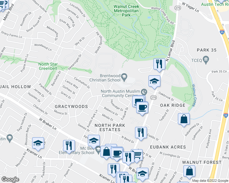map of restaurants, bars, coffee shops, grocery stores, and more near Eubank Dr & Huntridge Dr in Austin