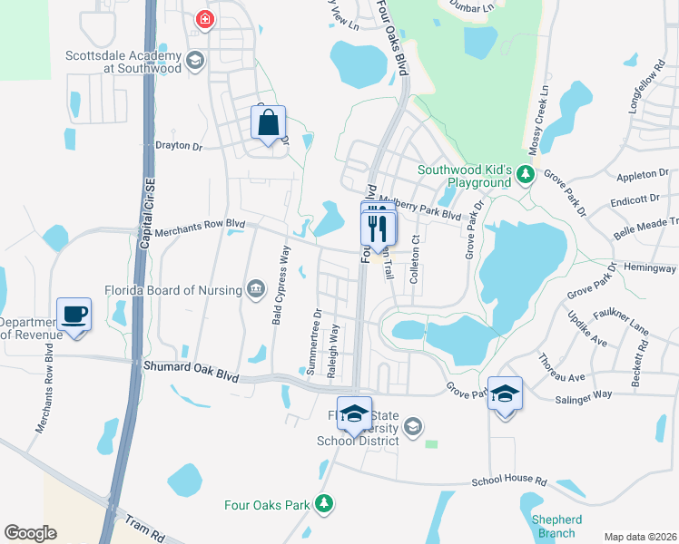 map of restaurants, bars, coffee shops, grocery stores, and more near 3053 Merchants Row Boulevard in Tallahassee