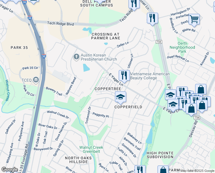 map of restaurants, bars, coffee shops, grocery stores, and more near East Yager Lane in Austin