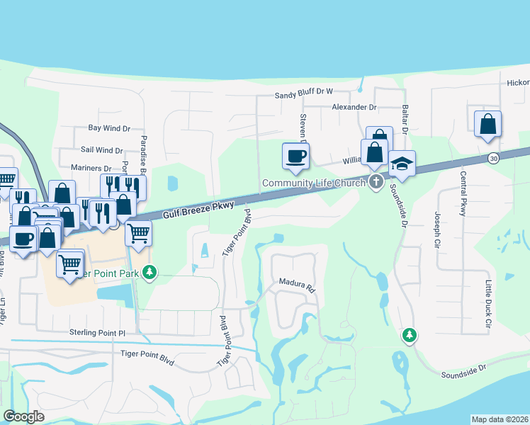 map of restaurants, bars, coffee shops, grocery stores, and more near 4062 Oak Pointe Drive in Gulf Breeze