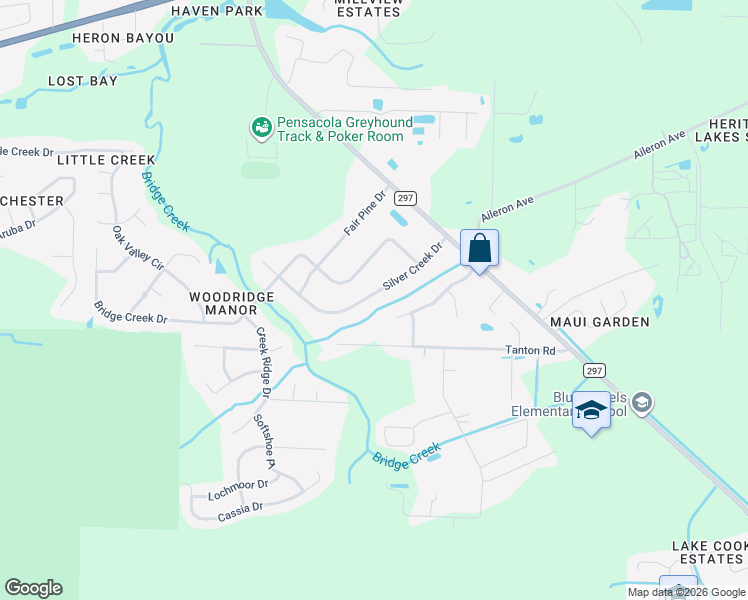 map of restaurants, bars, coffee shops, grocery stores, and more near 10658 Silver Creek Drive in Pensacola