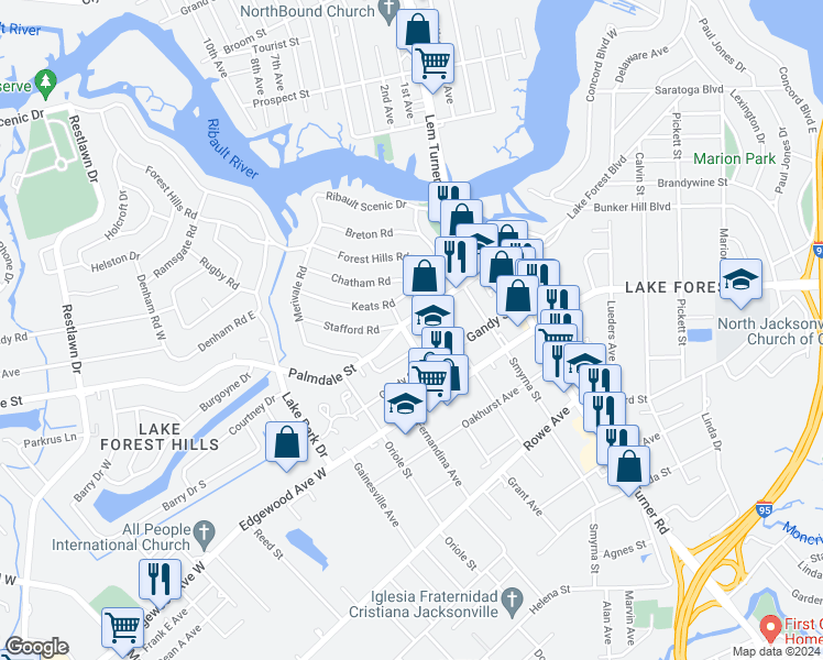 map of restaurants, bars, coffee shops, grocery stores, and more near 1525 Palmdale Street in Jacksonville