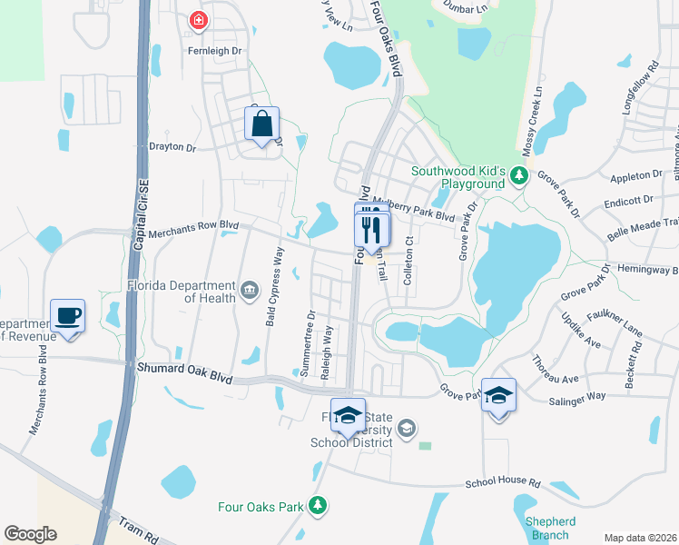 map of restaurants, bars, coffee shops, grocery stores, and more near 4046-4058 Four Oaks Boulevard in Tallahassee