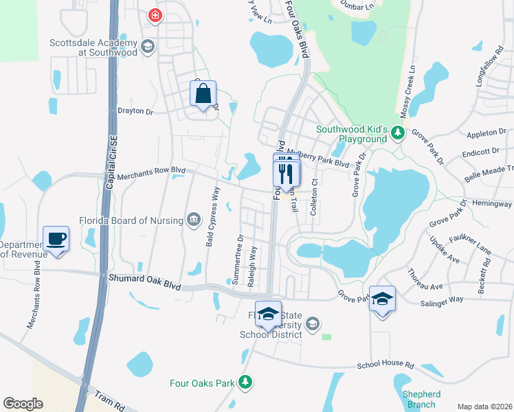 map of restaurants, bars, coffee shops, grocery stores, and more near 3053 Merchants Row Boulevard in Tallahassee