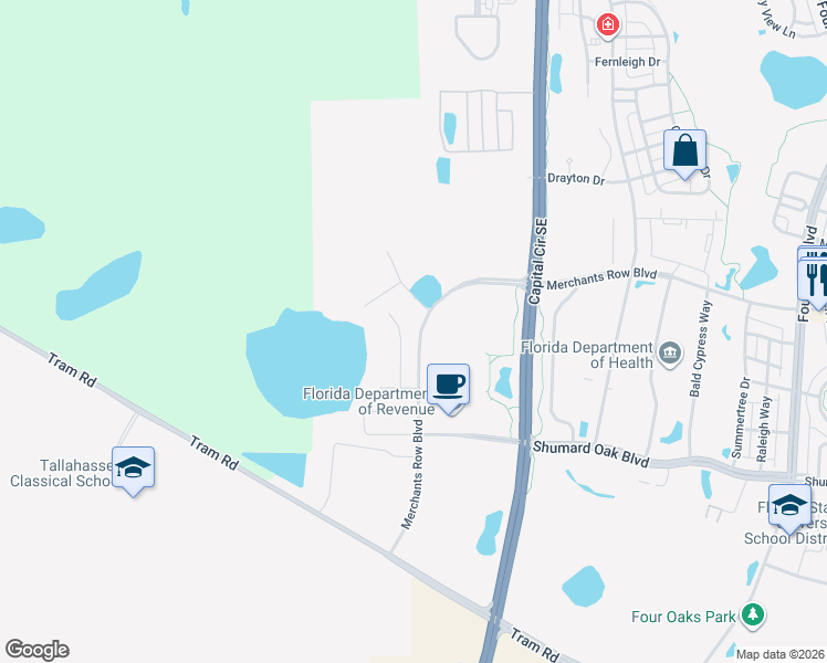 map of restaurants, bars, coffee shops, grocery stores, and more near 0 Merchants Row Boulevard Ste in Tallahassee
