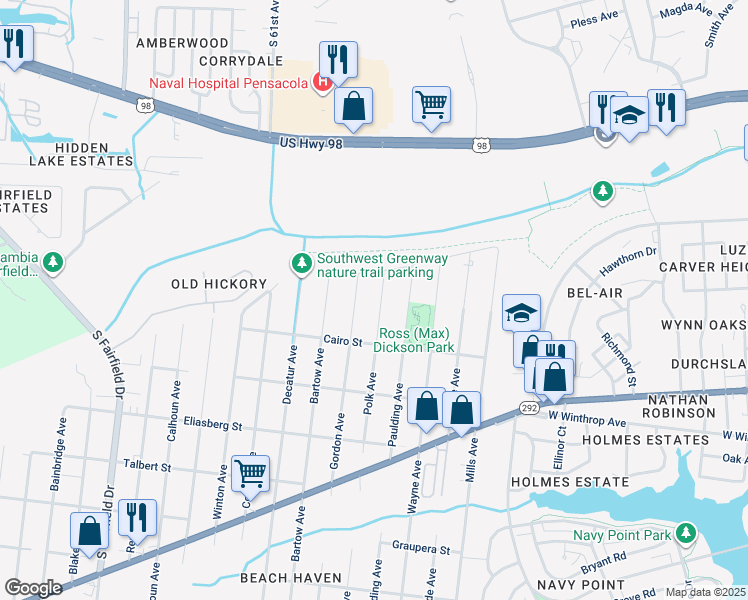 map of restaurants, bars, coffee shops, grocery stores, and more near 1151 North Street in Pensacola