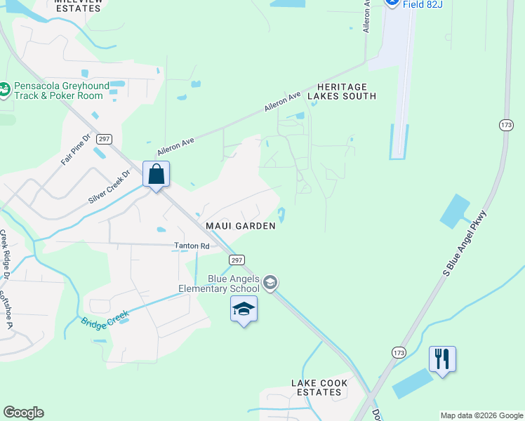 map of restaurants, bars, coffee shops, grocery stores, and more near 100-198 Emmons Lane in Pensacola