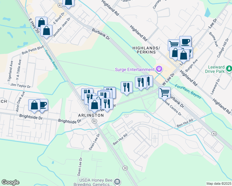 map of restaurants, bars, coffee shops, grocery stores, and more near 5163 Etta Street in Baton Rouge